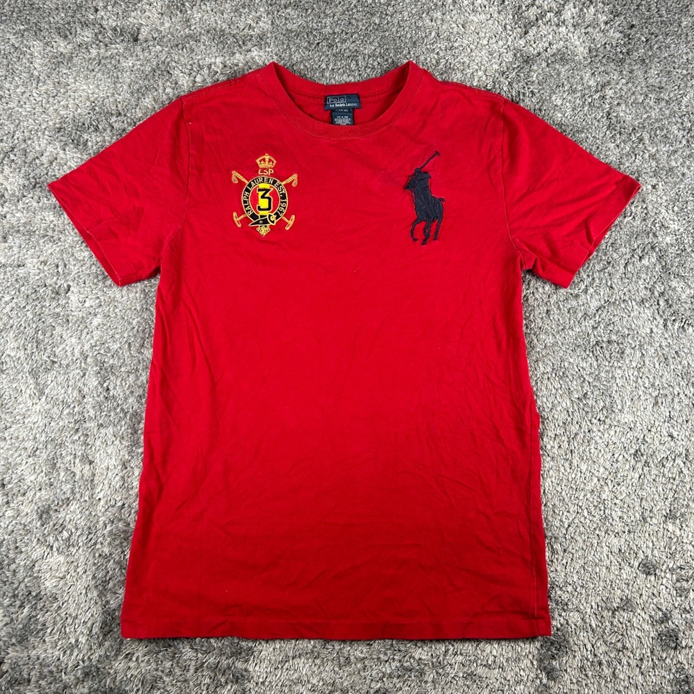 Vintage Polo Ralph Lauren Shirt Kids Large 14-16 Red Spain Big Pony Crest Cotton